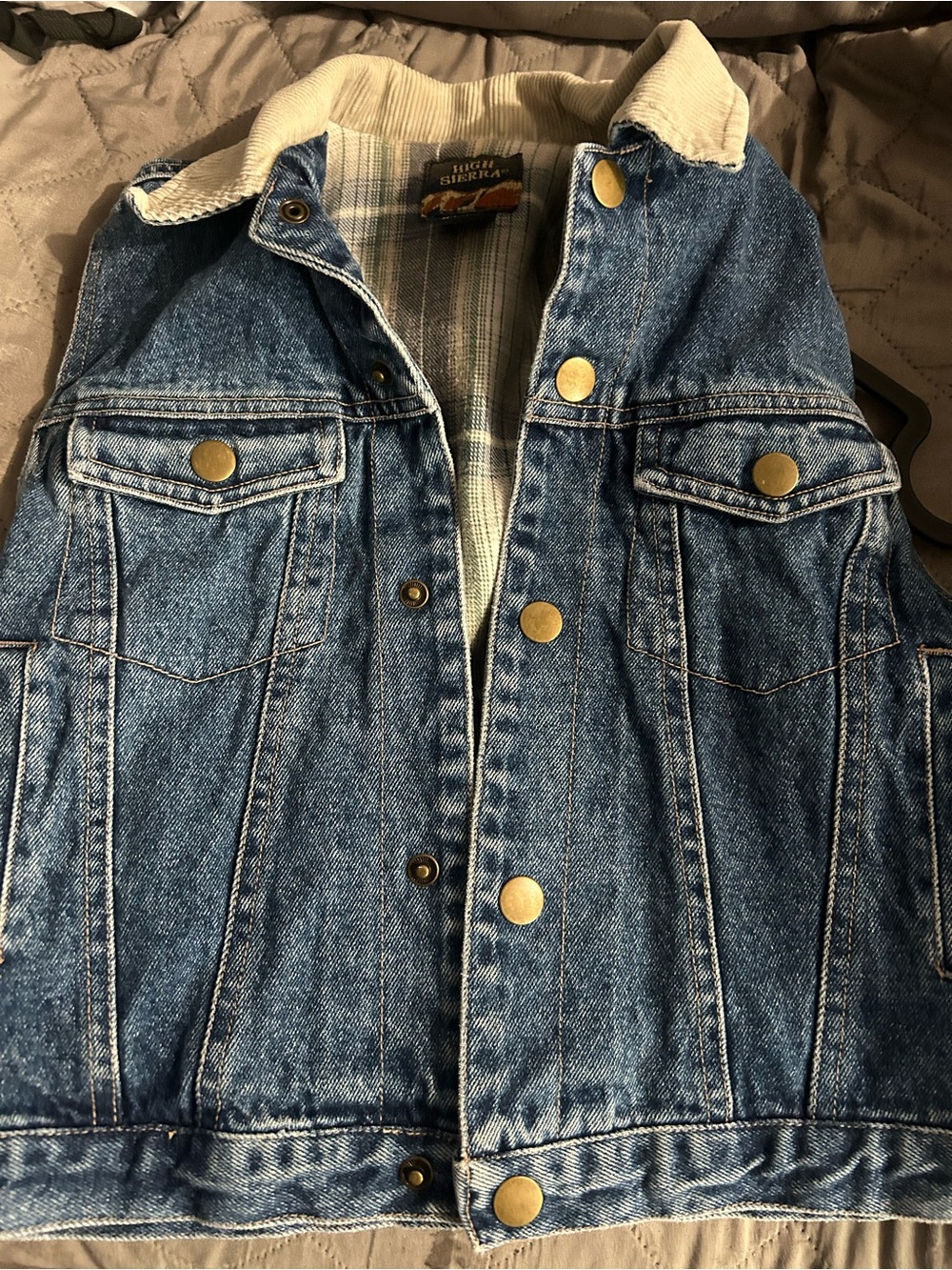 High Sierra Denim Blue Vest with Cream Cord Collar